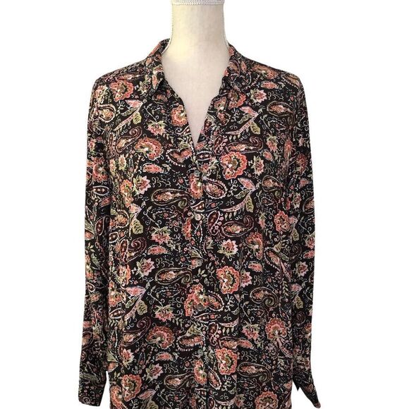 J Jill Dark Floral Paisley Button Front Tunic Top With Pockets Size Large - Picture 2 of 11